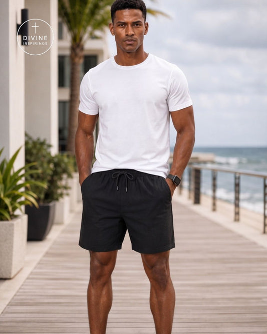 A man standing on a boardwalk by the ocean wearing a white crewneck t-shirt and black drawstring shorts. The Divine Brand logo is visible in the top left corner.