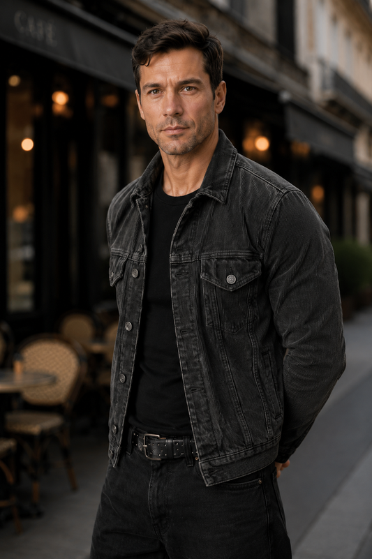 A man wearing a dark washed denim jacket over a black t-shirt and black jeans, standing on a city street in front of a cafe.