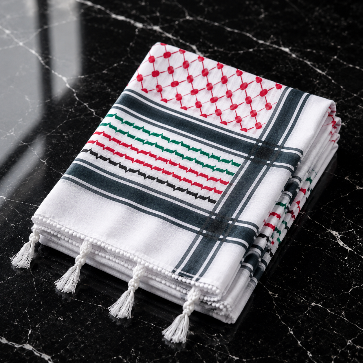 Folded towel with geometric pattern on a black marble surface