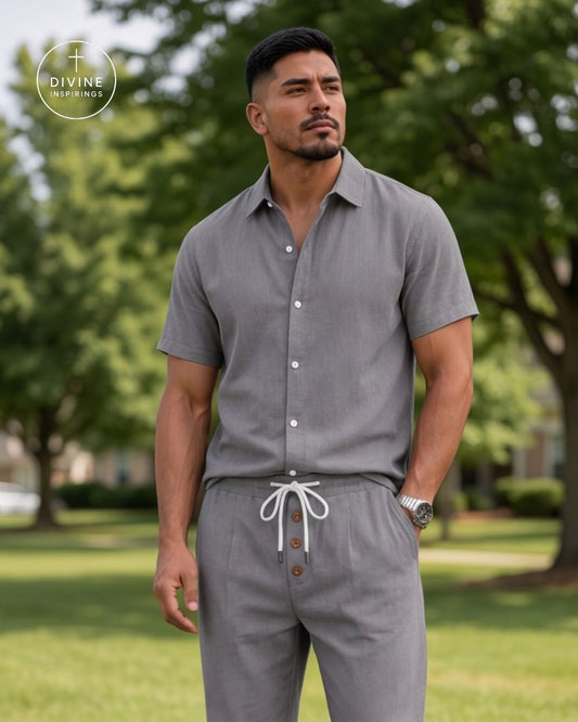 A man wearing a gray short-sleeve button-up shirt and matching gray drawstring pants stands outdoors in a park setting. The Divine Brand logo is visible in the top left corner.