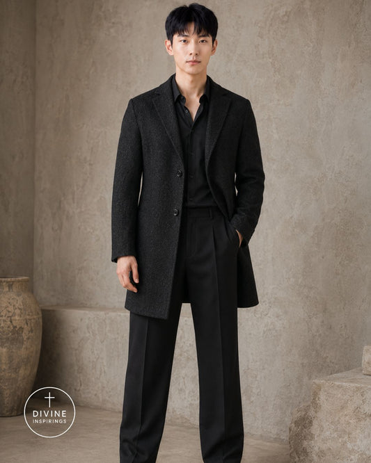 A man wearing a dark charcoal gray textured overcoat over a black shirt and black trousers, standing against a textured beige wall. A circular 'DIVINE INSPIRINGS' logo is in the bottom-left corner.