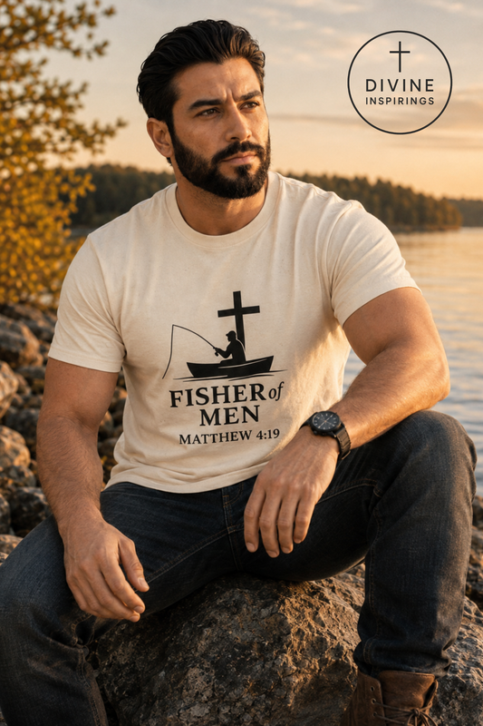A man sitting on a rock by a lake at sunset wearing a cream-colored t-shirt with a black graphic that reads 'FISHER OF MEN MATTHEW 4:13' with a cross and fisherman silhouette. A 'DIVINE INSPIRINGS' logo is visible in the top right corner.