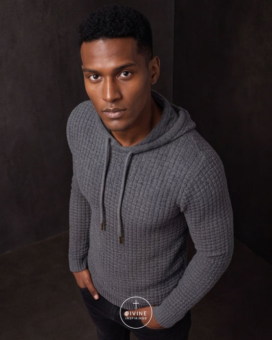 A man wearing a textured gray long-sleeve hoodie with a waffle or grid knit pattern, dark drawstrings, and black pants, photographed against a dark brown studio backdrop.