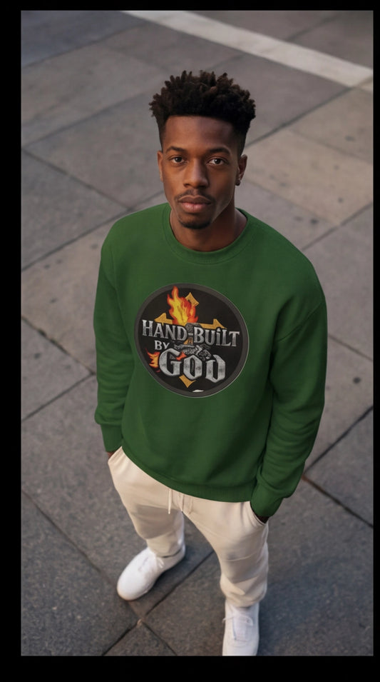 Man wearing a green sweatshirt with a logo on a pavement background