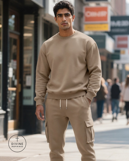 A man wearing a matching beige crewneck sweatshirt and cargo jogger pants stands on a city sidewalk. The sweatshirt and pants are in a solid light tan/beige color, with the sweatshirt featuring a crew neck and long sleeves, and the pants having side cargo pockets and a drawstring waist.