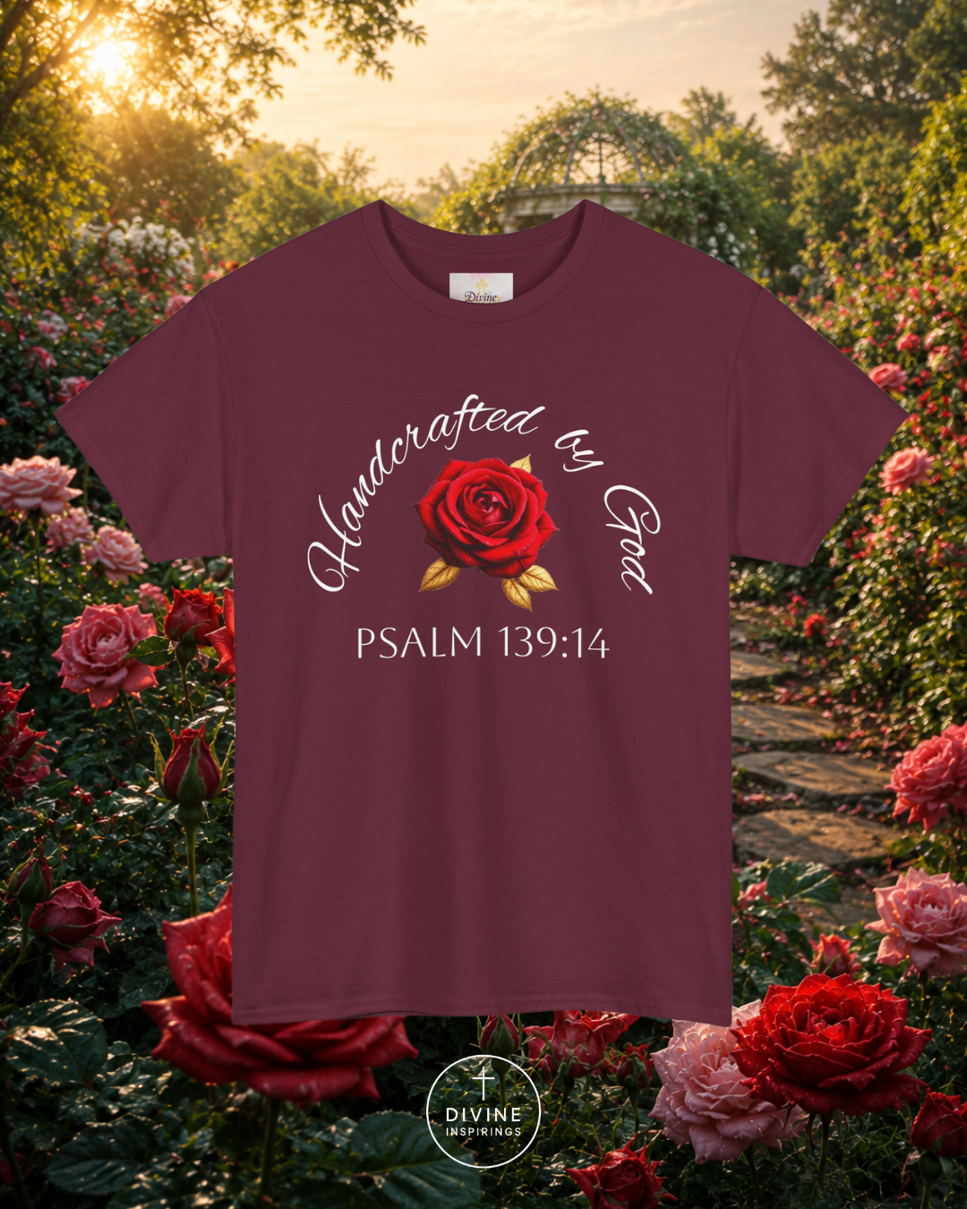 Maroon t-shirt with floral design and text in a garden setting