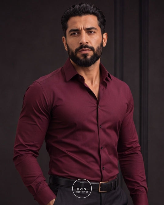 A man wearing a long-sleeve button-down shirt in deep burgundy, paired with dark trousers and a black belt, posed against a dark studio background. A circular 'DIVINE INSPIRINGS' logo is visible at the bottom center.