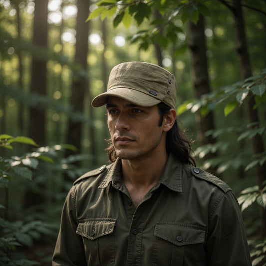 Man wearing a beige cap and green shirt in a forest setting