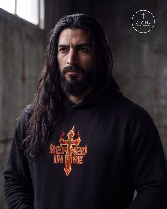 A man with long dark hair and a beard wearing a black hoodie with a red and orange graphic on the chest that reads 'REFINED IN FIRE' beneath a flaming cross. The background is a dim, industrial concrete wall, and a circular 'DIVINE INSPIRINGS' logo is visible in the top right corner.