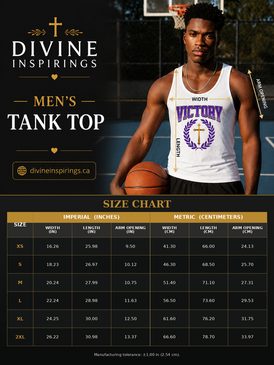 A size chart graphic for the Divine Inspirings Men's Tank Top, featuring a model wearing the tank top on an outdoor basketball court with measurement arrows, and a detailed size table below with imperial and metric measurements.