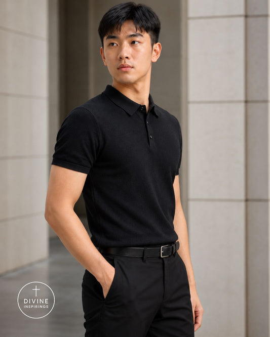 A man wearing a black short-sleeve polo shirt and black trousers, standing in front of a modern beige stone wall. A circular 'DIVINE INSPIRINGS' logo is visible in the bottom-left corner.