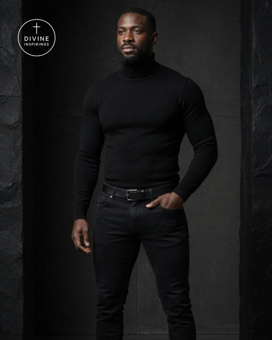A man wearing a black long-sleeve turtleneck sweater and black jeans, standing against a dark textured studio background. A circular 'Divine Inspirations' logo is visible in the top left corner.