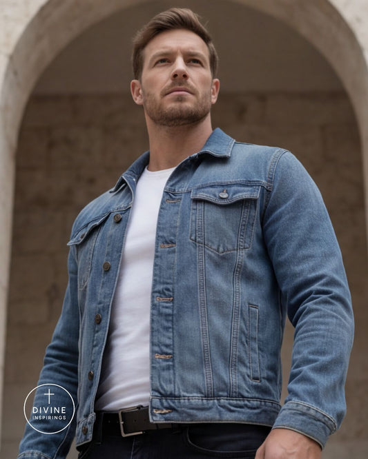 A man wearing a light blue denim trucker jacket over a white t-shirt, standing in front of a stone archway. A circular 'DIVINE INSPIRINGS' logo watermark is visible in the bottom-left corner.