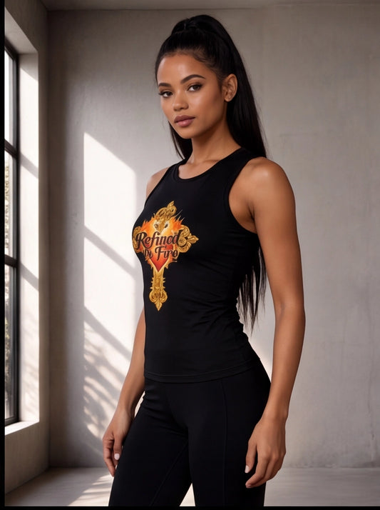 Woman wearing a black tank top with a logo in a room with sunlight streaming through a window.