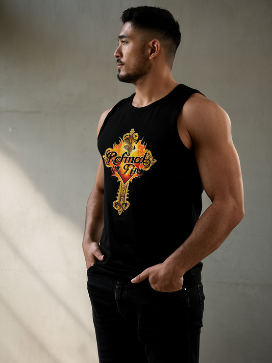 Man wearing a black tank top with a colorful graphic design against a neutral background