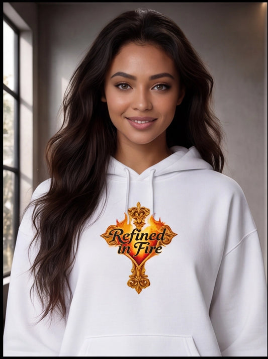 Person wearing a white hoodie with 'Refined in Fire' design