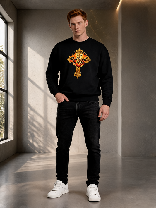 Man wearing a black sweatshirt with a logo in a modern indoor setting