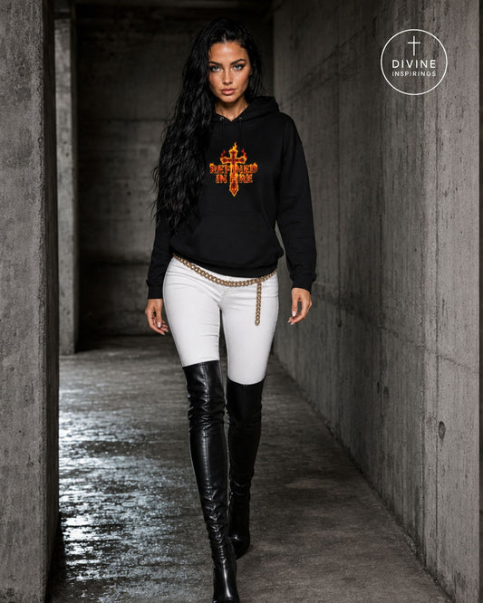 A woman walks down a concrete corridor wearing a black hoodie with a metallic gold cross graphic that reads 'Refined in Fire'. She is also wearing white fitted pants, a gold chain belt, and black thigh-high boots.