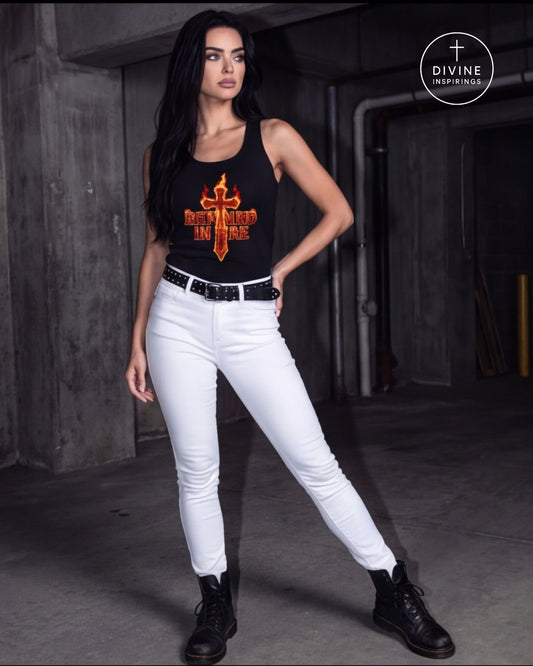 A woman wearing a black tank top with a large orange and yellow flame-cross graphic that says "Refined in Fire" on the chest, paired with white fitted pants and a gold chain belt, standing against a dark concrete wall. A 'DIVINE INSPIRINGS' logo is visible in the top right corner.