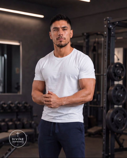 A muscular man in a white crew-neck t-shirt and navy sweatpants standing in a gym with weight equipment in the background. A circular 'DIVINE INSPIRATIONS' logo is visible in the bottom-left corner.