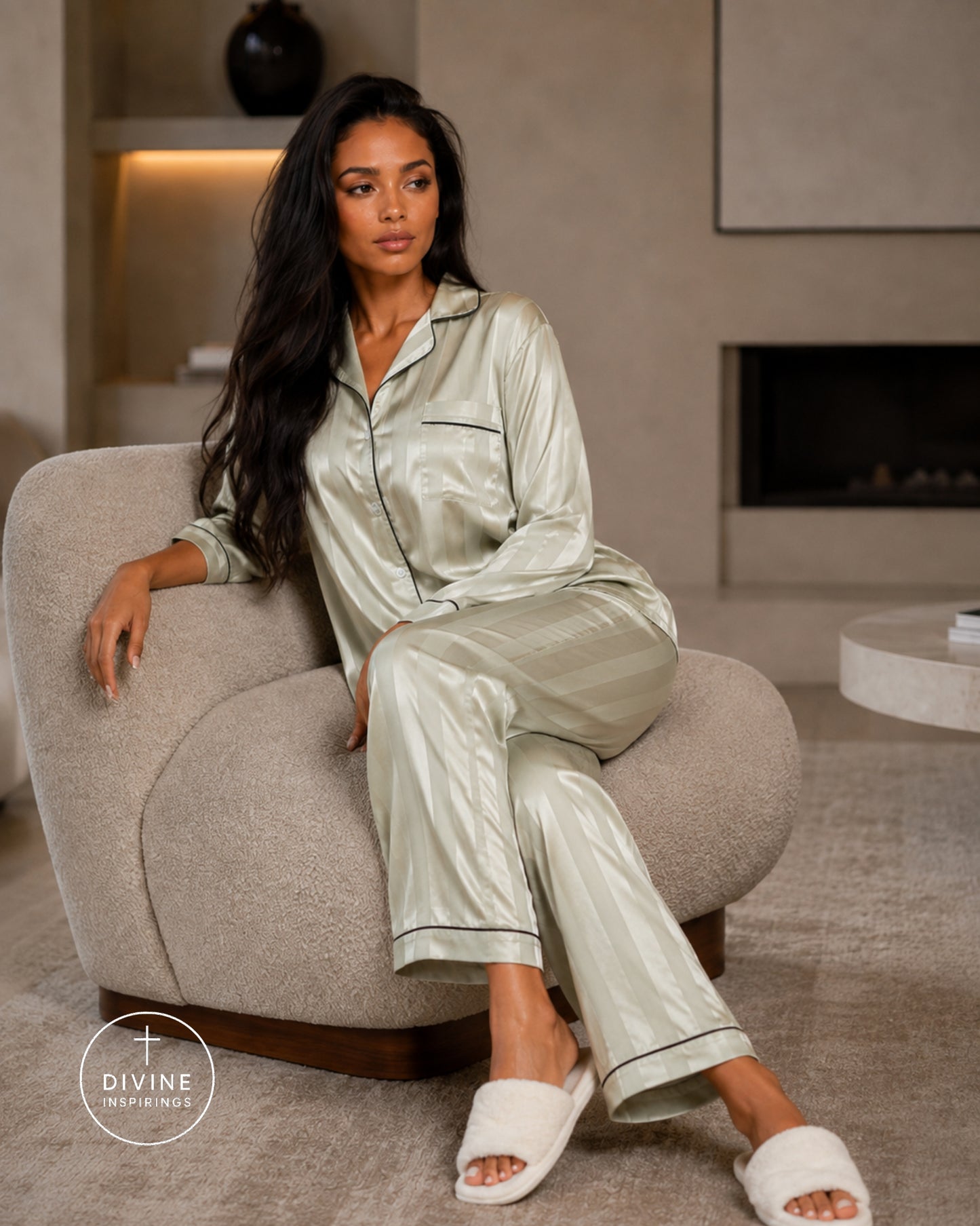 A woman wearing a shiny pale sage green pajama set with matching white slippers, seated on a modern curved armchair in a neutral-toned living room. A circular 'DIVINE INSPIRINGS' logo watermark is visible in the lower-left corner.