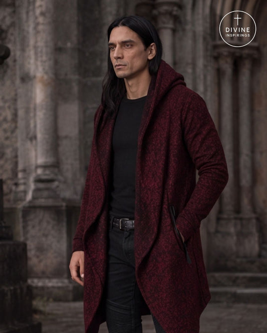 A man wearing a long, open-front maroon hooded coat over a black shirt and black pants, standing in front of a stone architectural background. A circular 'Divine Inspirings' logo is visible in the top right corner.