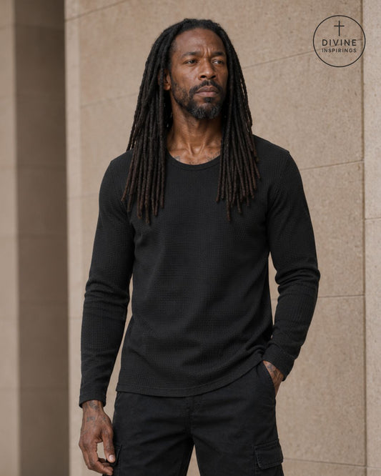 A man with long dreadlocks wearing a black long-sleeve crewneck shirt and black cargo pants, standing against a beige stone wall. A circular 'Divine Inspirings' logo is visible in the top right corner.