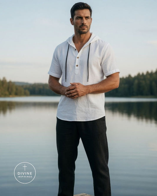 A man wearing a white short-sleeve hooded henley shirt with black drawstrings and black pants, standing outdoors by a calm lake with trees in the background. A circular 'Divine Inspirings' watermark is visible in the lower-left corner.