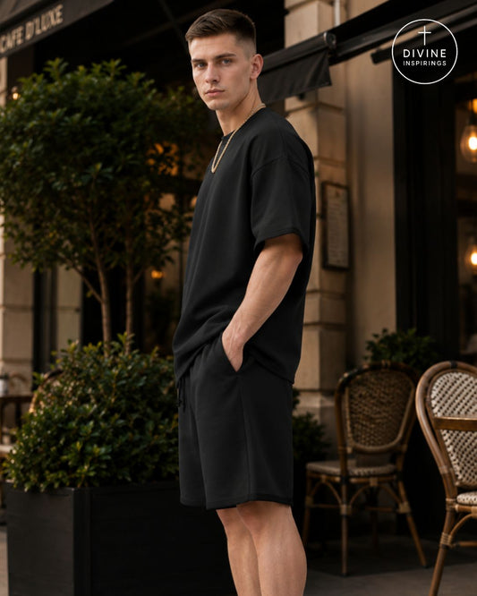 A man wearing a black oversized t-shirt and matching black shorts stands on a city sidewalk in front of a cafe, with a Divine Inspirings logo in the top right corner.
