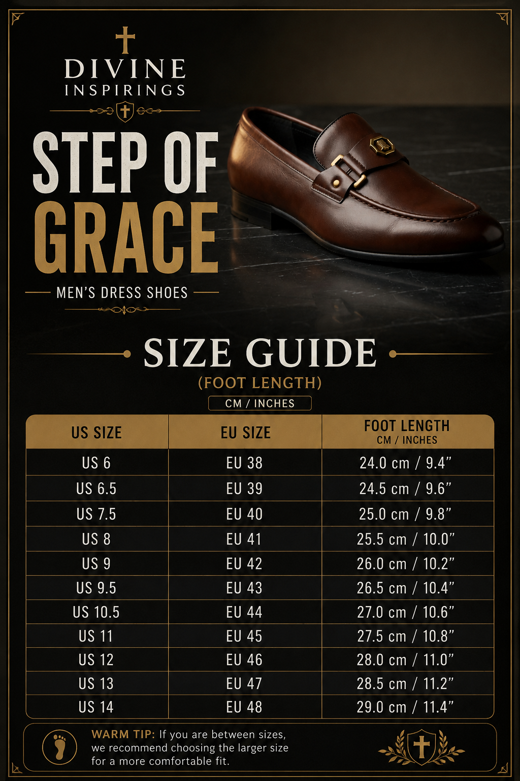 Men's dress shoes size guide with 'Divine Inspirings' branding on a dark background