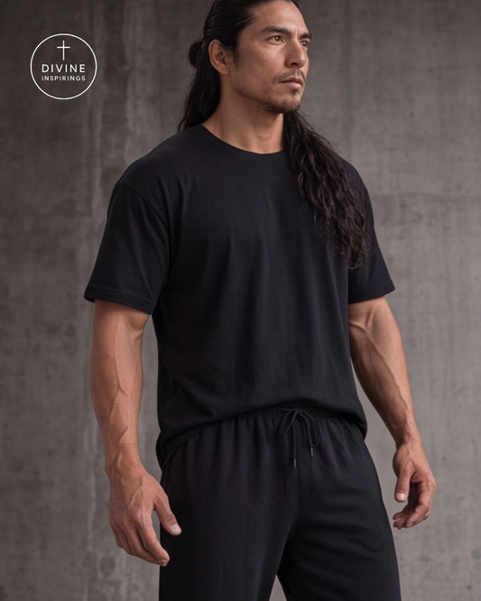 A man wearing a black short-sleeve crewneck t-shirt and matching black drawstring sweatpants, standing against a textured gray concrete wall. The Divine Inspiration brand logo is visible in the top-left corner.