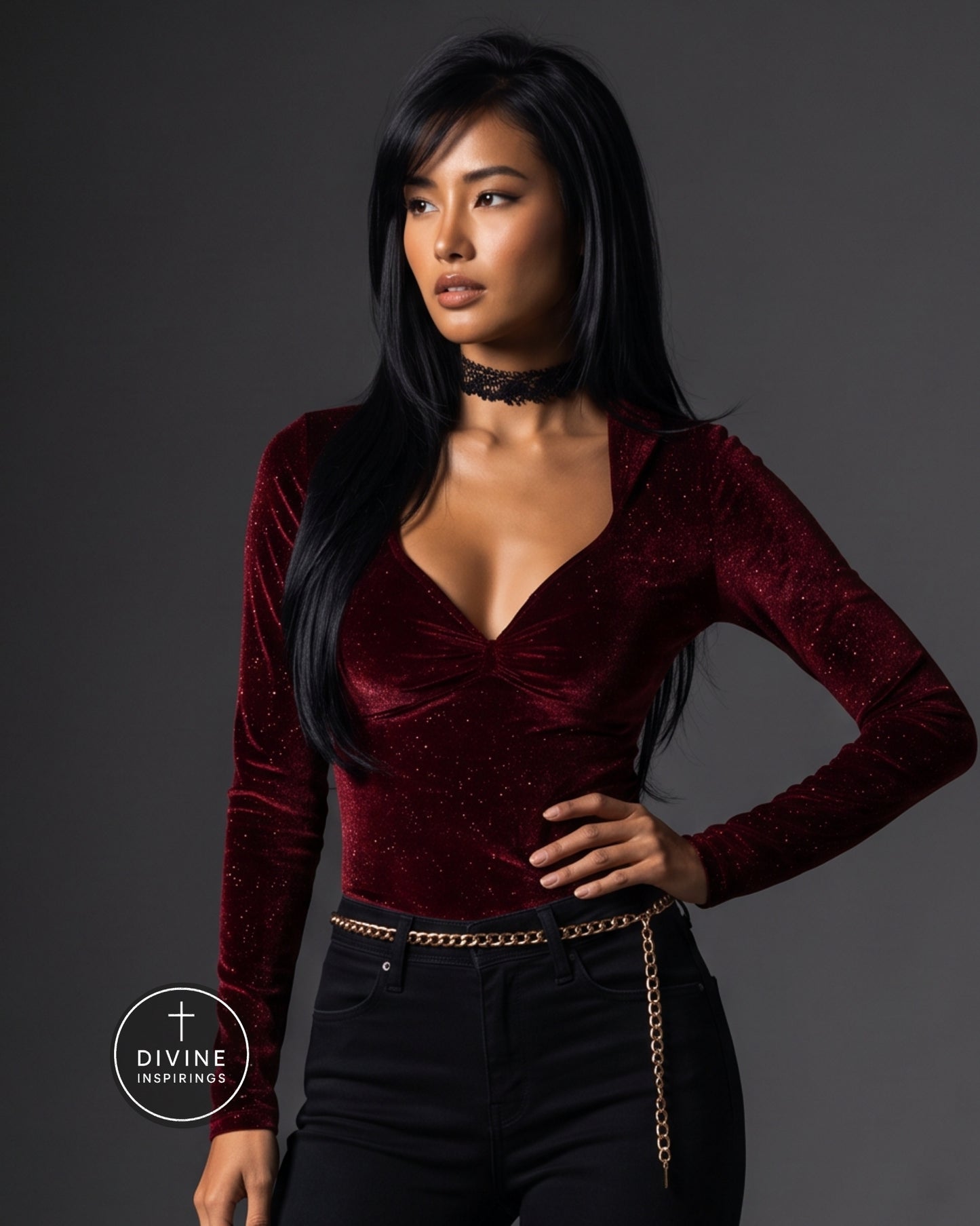 A woman modeling a long-sleeve deep V-neck velvet top in dark burgundy with subtle glitter, paired with black pants and a gold chain belt, against a dark gray studio background. A circular 'Divine Inspirings' logo is visible in the lower-left corner.