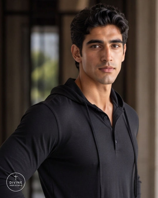 A man wearing a black long-sleeve pullover hoodie with a partial button placket, shown in a lifestyle portrait shot against a softly blurred architectural background.