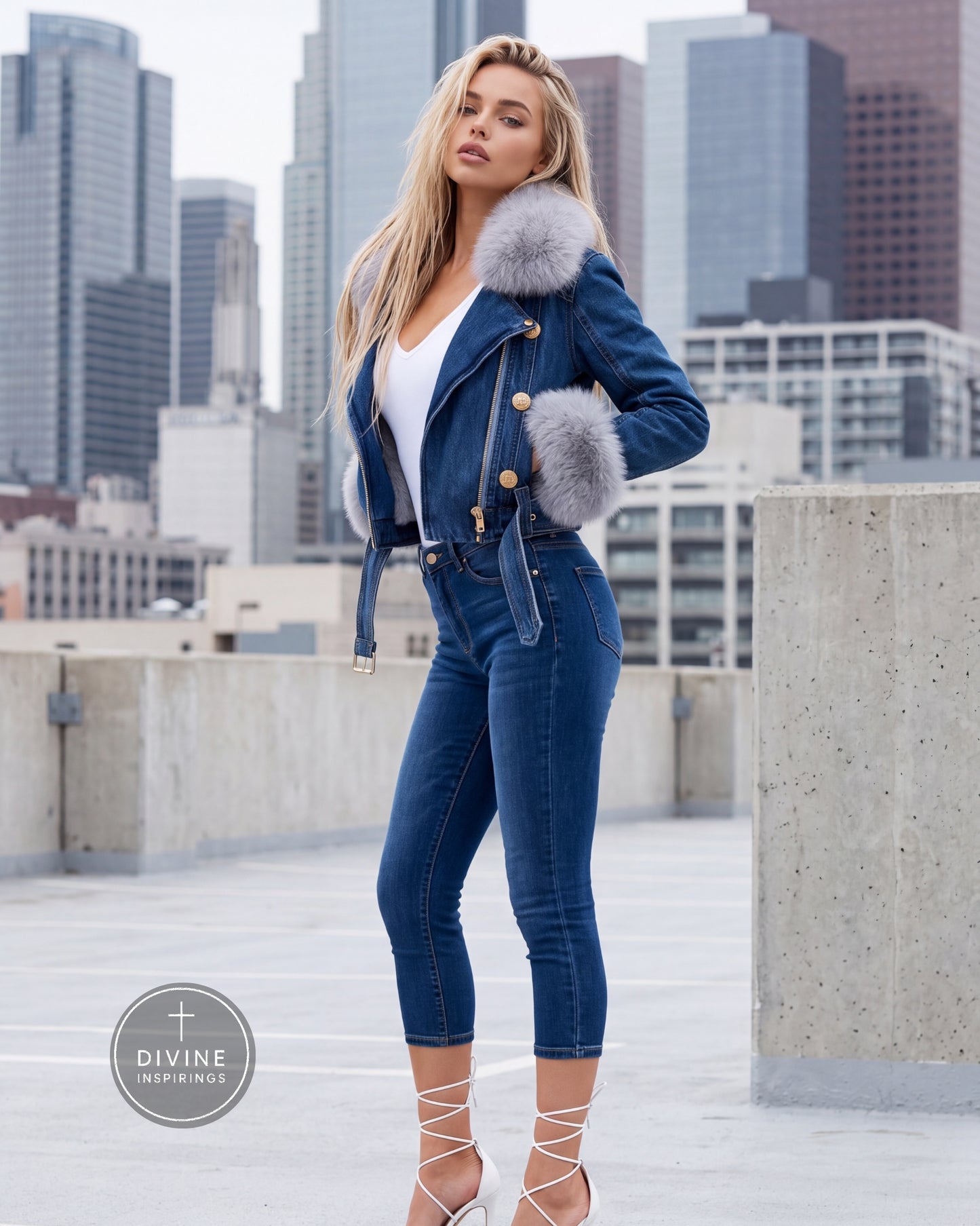 A woman stands on a rooftop wearing a blue denim jacket with a fluffy light gray fur collar and matching fur trim on the cuffs, paired with blue jeans, a white top, and lace-up heels. City buildings are visible in the background.