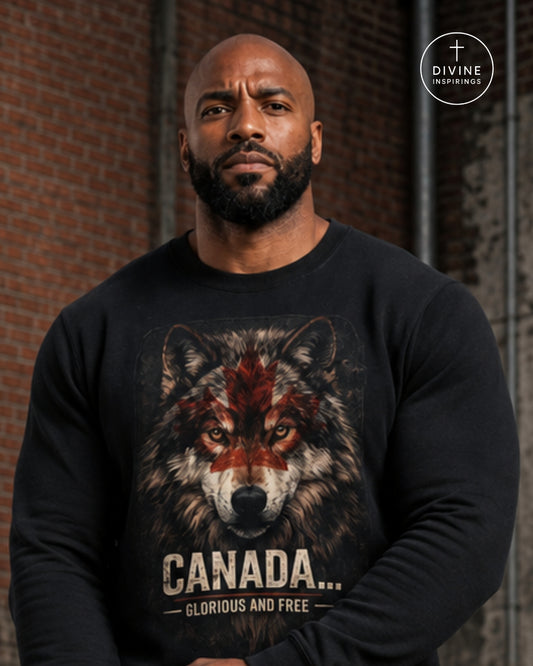 A muscular man with a shaved head and beard wearing a black long-sleeve crewneck sweatshirt with a graphic of a wolf with red paint on its forehead and the text 'CANADA.
