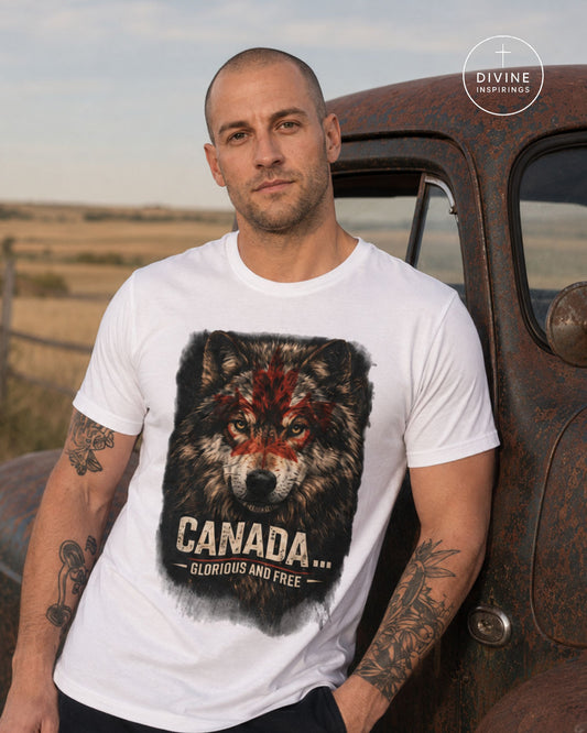 A man wearing a white graphic t-shirt with a wolf design and the text 'CANADA.