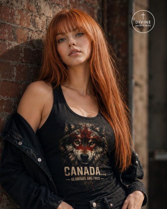 A woman with long red hair leans against a brick wall wearing a black tank top with a wolf graphic and the text 'CANADA.