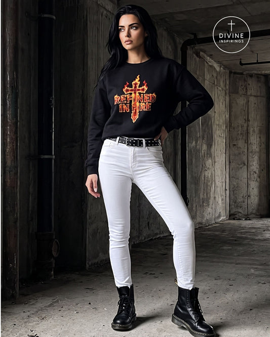 A woman wearing a black sweatshirt with a large orange and yellow flame-cross graphic on the chest, "REFINED IN FIRE", paired with white fitted pants and a gold chain belt, standing against a dark concrete wall. A 'DIVINE INSPIRINGS' logo is visible in the top right corner.