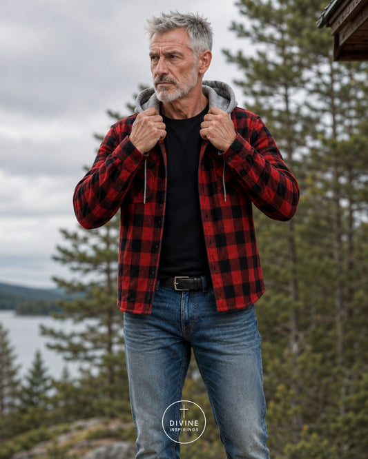 A man wearing a red and black buffalo plaid hooded flannel shirt over a black t-shirt and blue jeans, standing outdoors in front of pine trees and water.