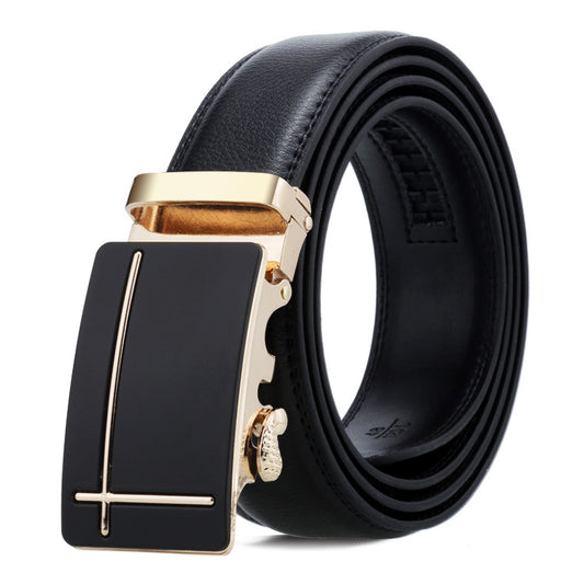 Black leather belt with a gold buckle on a white background