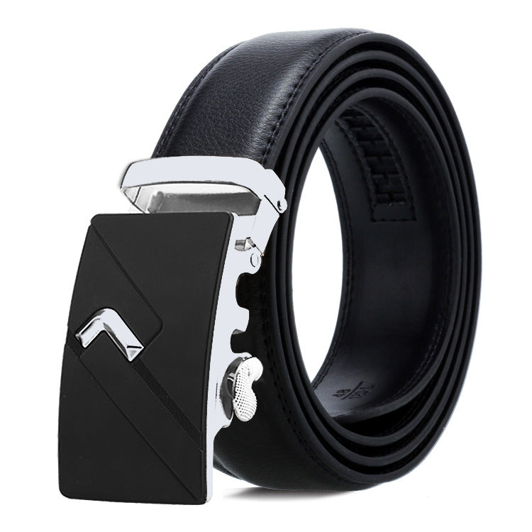 Black leather belt with a silver buckle on a white background