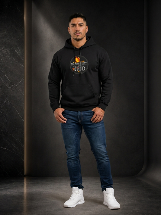 Man wearing a black hoodie with a logo and text, standing against a dark background