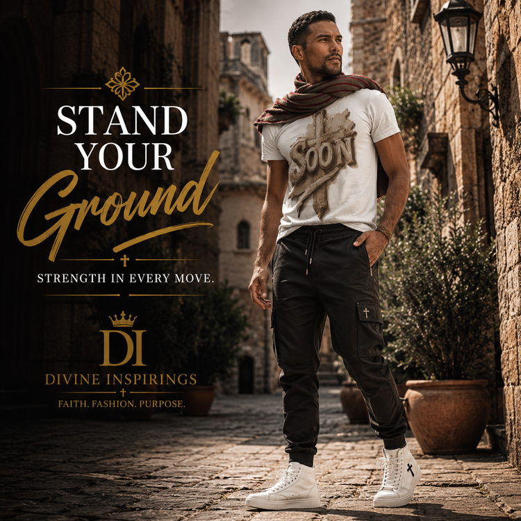 A man models black faith-inspired joggers in a Mediterranean street setting beneath the slogan “Stand Your Ground” by Divine Inspirings.