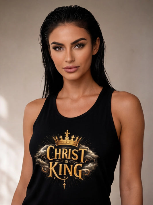 Woman wearing a black tank top with 'Christ is King' text and crown graphic.