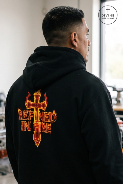 A man wearing a black hoodie from the back, featuring a large graphic print of a flaming cross with the words 'REFINED IN FIRE' in orange and yellow. The brand logo 'DIVINE INSPIRINGS' is visible in the top right corner.
