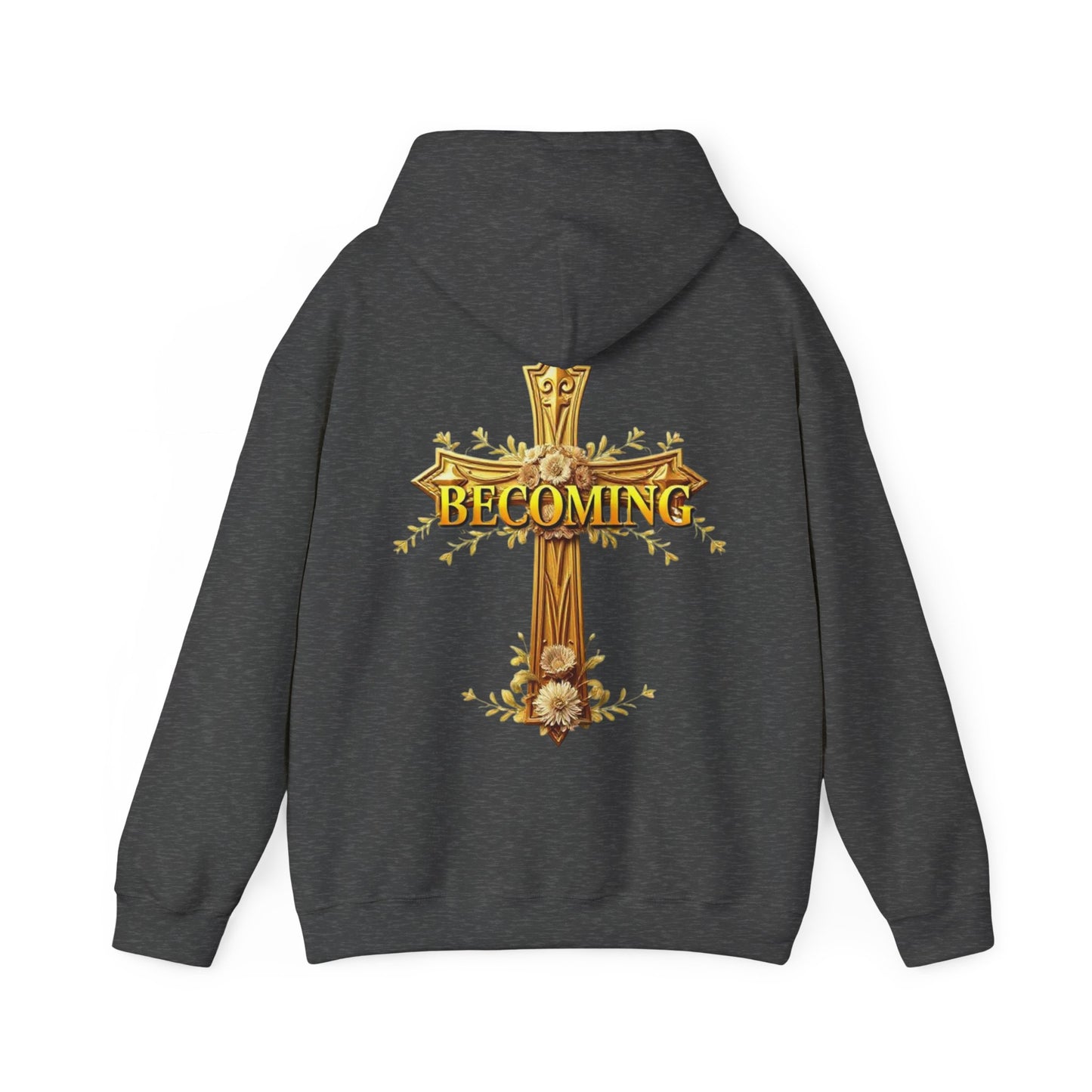 Becoming Women’s Faith Hoodie – Gold Cross Edition (1 Corinthians 15:49)