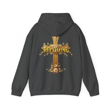 Becoming Women’s Faith Hoodie – Gold Cross Edition (1 Corinthians 15:49)
