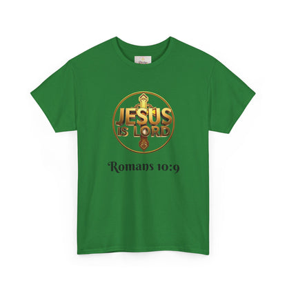 Men’s Romans 10:9 Christian T-Shirt – Jesus Is Lord & He Is Risen (Dark Lettering)