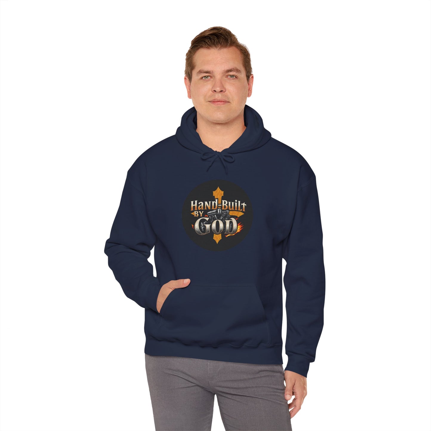 Hand Built by God Men’s Christian Hoodie – Cross & Engine Design