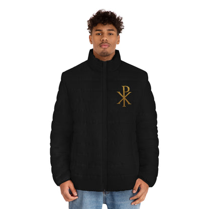 Men's Black Puffer Jacket with Gold Chi Rho – Symbol of Faith and Strength